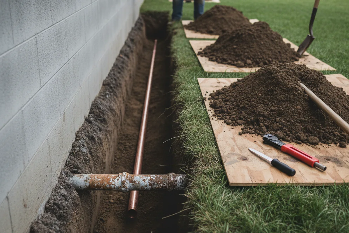 Excavated water line trench during Water Heater Repair in Sanford